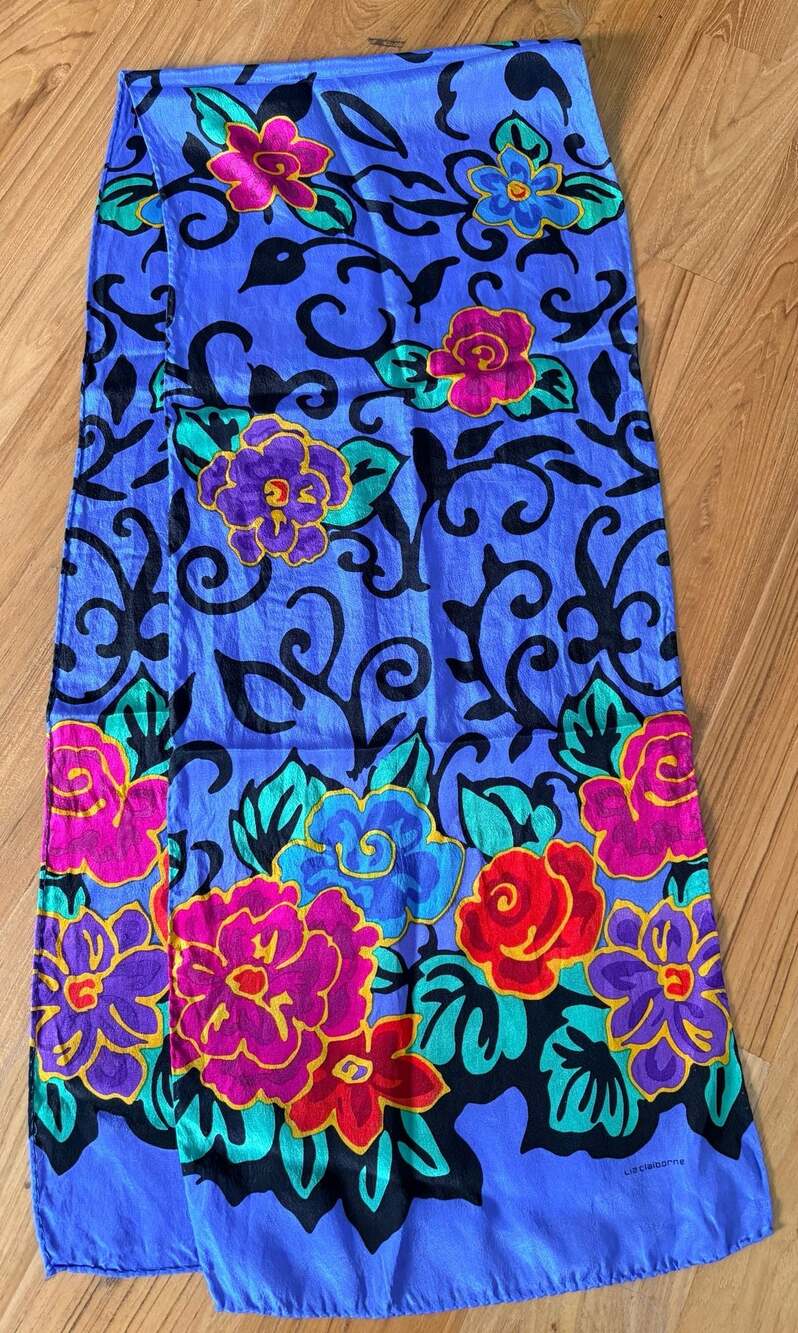 Vintage Liz Claiborne Silk Scarf Floral Blue Pattern Neck or Hair Accessory